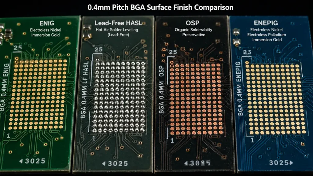 Side-by-side product photography comparing four 0.4mm pitch BGA PCB surface finishes: ENIG (flat gold), Lead-Free HASL (uneven silver domes), OSP (bare copper), and ENEPIG (pale gold).