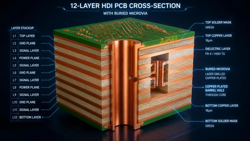 3D isometric cross-section diagram of a 12-layer HDI PCB stackup showing an encapsulated buried via connecting inner layers, copper plated barrel holes, dielectric FR-4 layers, and green top and bottom solder masks with detailed layer annotations.