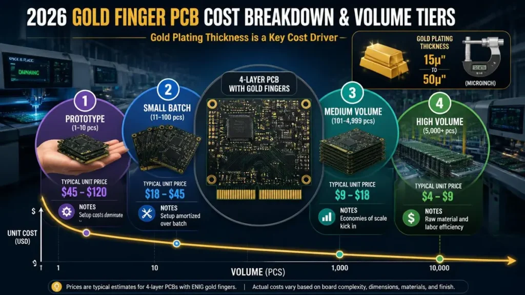 Infographic showing 2026 Gold Finger PCB cost breakdown across four volume tiers—from prototypes at $45–$120 to high volume at $4–$9 per unit—with a downward unit cost curve and gold plating thickness indicators ranging from 15μ" to 50μ".