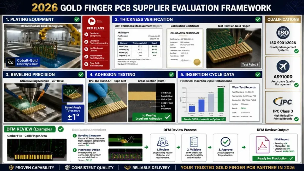 Comprehensive 2026 Gold Finger PCB supplier evaluation framework showing five key evaluation dimensions including automated plating equipment, XRF gold thickness verification, precision 30-degree beveling, IPC tape adhesion testing, insertion cycle data, and DFM review workflow alongside ISO and IPC quality certifications.