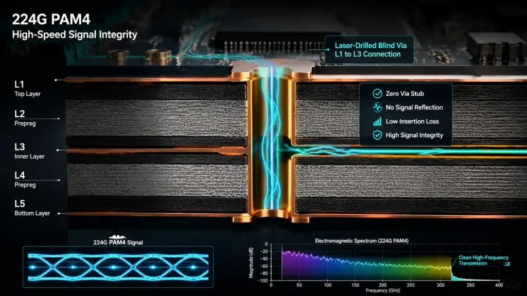 3D cross-section diagram of laser-drilled blind via L1 to L3 in 224G PAM4 HDI PCB showing zero via stub, signal eye diagram, and frequency spectrum