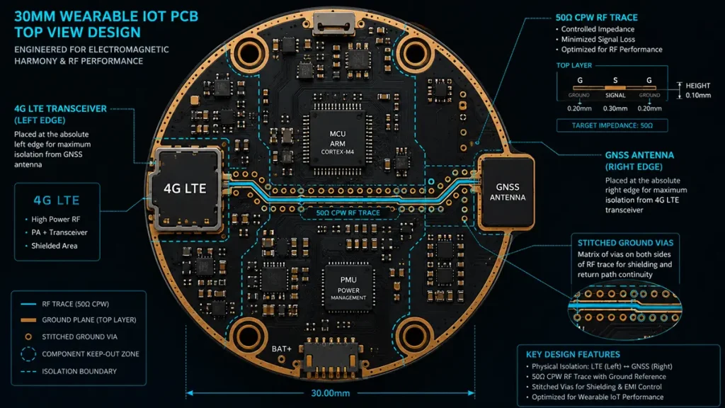Comprehensive top view engineering design diagram of a 30.00mm circular wearable IoT PCB fabricated by Shenzhen Hongda Circuit Technology Co., Ltd. The layout showcases optimal electromagnetic harmony by placing the high-power 4G LTE transceiver at the absolute left edge and the sensitive GNSS antenna at the opposite right edge for physical isolation. A detailed cross-section reveals a 50 ohm coplanar waveguide (CPW) RF trace on the top layer with a matrix of gold-plated stitched ground vias running along both sides of the signal path for advanced EMI shielding and return path continuity.