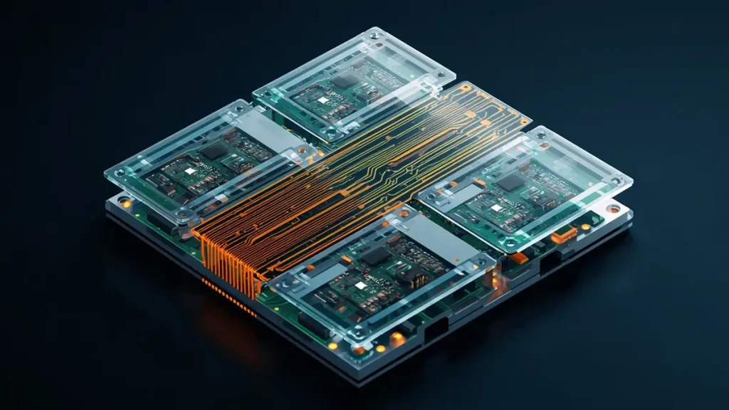 3D technical exploded view of a multi-layer aerospace rigid-flex PCB showing polyimide flex layers and rigid circuit sections