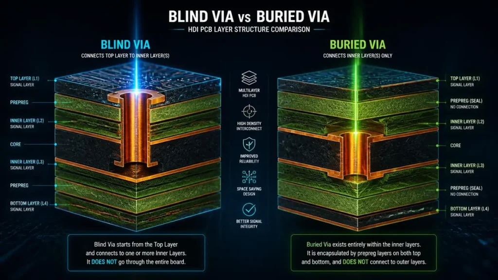 3D infographic illustration showing blind via vs buried via structure in a multilayer HDI PCB with laser drilling effects and layer callouts
