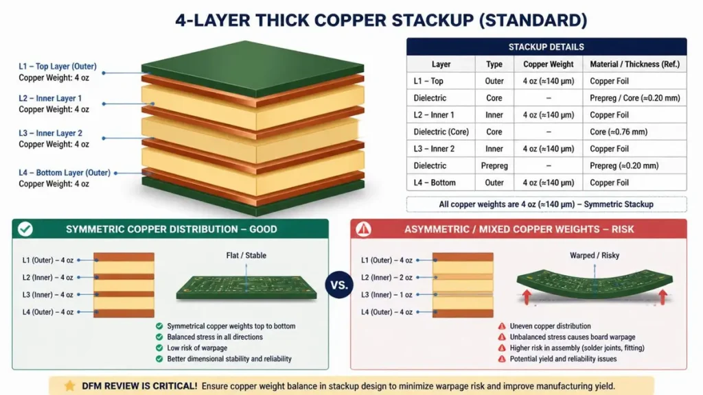 Standard 4 layer thick copper stackup showing symmetry versus asymmetric mixed weights warpage risk for heavy copper pcb 4 layer power supply cost per board