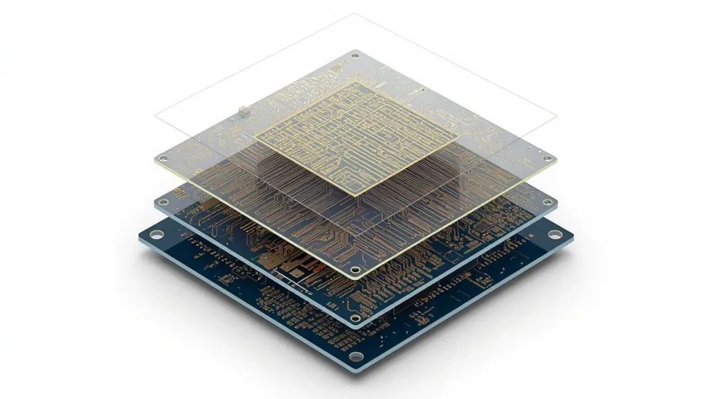 3D cross-section diagram of 6 layer Arlon immersion gold PCB stackup architecture, showing L1 to L6 signal layers, copper ground planes, and polyimide substrate for high frequency RF applications.