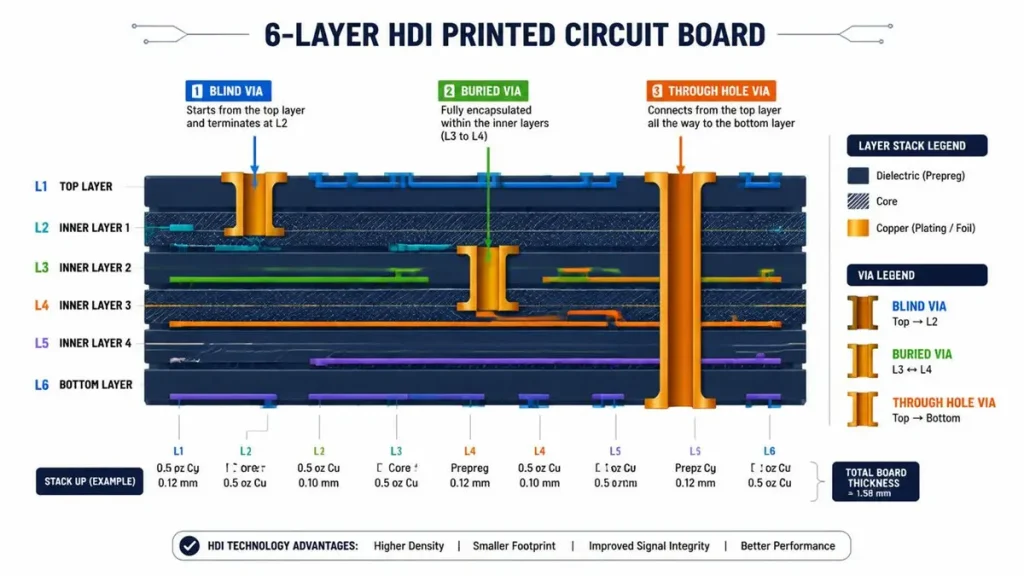 Cross-section diagram of a 6-layer HDI PCB showing blind via (L1-L2), buried via (L3-L4), and through-hole via architectures.