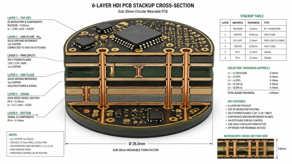 Technical diagram of a 6-layer HDI PCB stackup cross-section for a sub-30mm circular wearable device, engineered by Shenzhen Hongda Circuit Technology Co., Ltd. The 0.85mm thick board features a 28.0mm diameter envelope, including Layer 1 RO4350B top RF microstrip routing, Layer 2 and Layer 4 solid ground reference planes, and Layer 3 split power planes supporting 1.8V, 3.3V, and VBAT surges. Right side shows the stackup thickness table and a microscopic cross-section view of mechanical and laser microvias for high-density BGA routing.