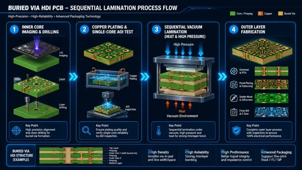 High-tech isometric engineering flowchart diagram detailing the 4-step sequential vacuum lamination manufacturing process for buried via HDI PCBs, including inner core imaging, copper plating, AOI testing, vacuum press, and outer layer fabrication.