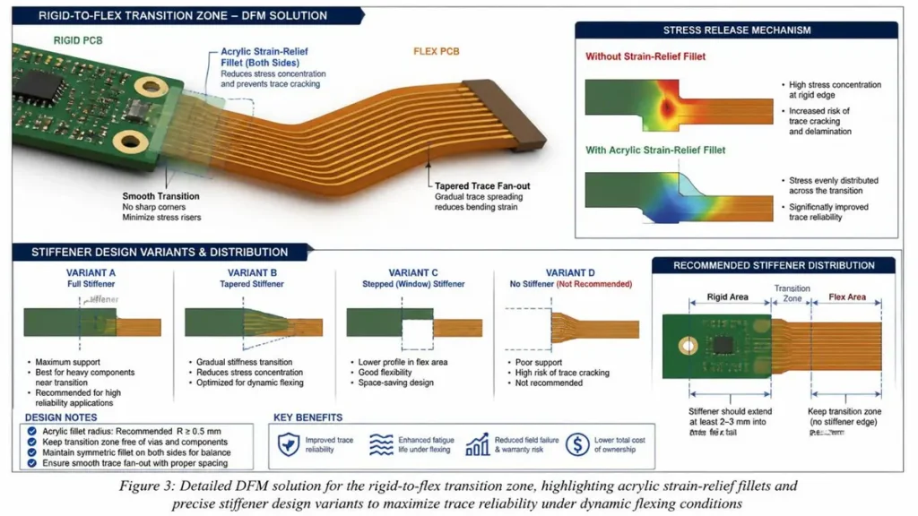 Figure 3: Detailed DFM solution for the rigid-to-flex transition zone, highlighting acrylic strain-relief fillets and precise stiffener design variants to maximize trace reliability under dynamic flexing conditions.