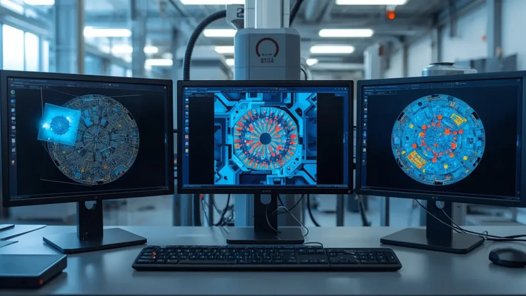 Multi-faceted quality control system for advanced PCB assembly services, showcasing AOI defect analysis and X-ray inspection screens at Shenzhen Hongda Circuit.