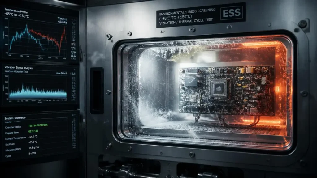 An advanced aerospace PCBA undergoing reliability testing inside an ESS chamber at PCBKR[cite: 1], showing ice frost on the cold side (-65°C) and glowing heat on the hot side (+150°C), with digital telemetry screens displaying vibration and temperature graphs.