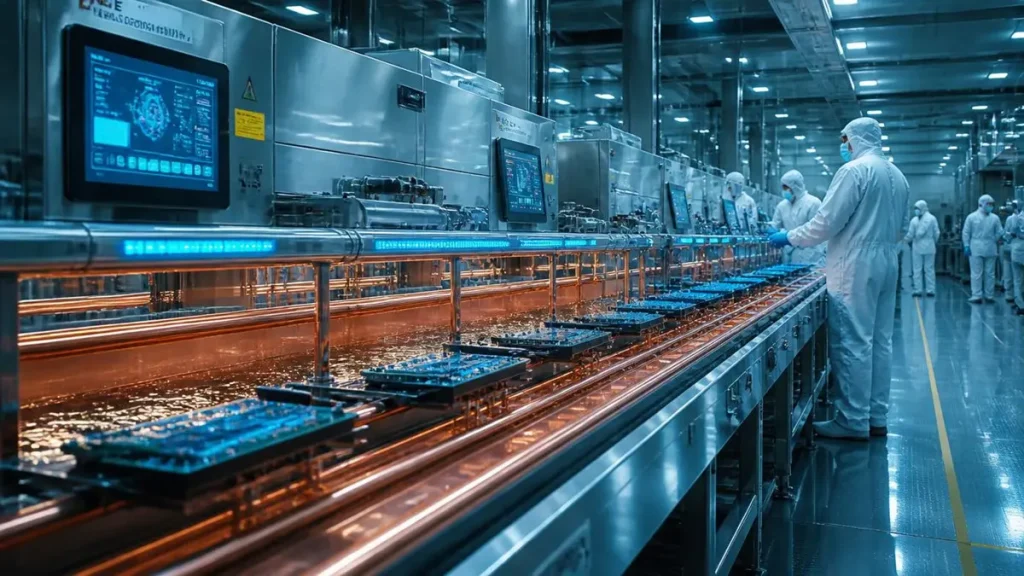 Automated horizontal pulse electroplating production line for aerospace HDI PCBs inside a sterile semiconductor cleanroom at Shenzhen Hongda Circuit, featuring copper-toned fluid channels and technicians in white cleanroom suits.