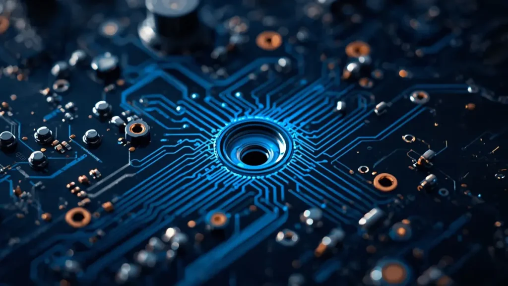 High-tech microscopic view of a precision laser-drilled microvia with intricate circuit traces on an IPC Class 3 aerospace PCB