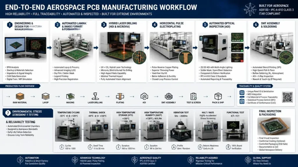 An end-to-end aerospace PCB manufacturing workflow infographic showing automated production stages including hybrid laser drilling, horizontal pulse electroplating, AOI inspection, SMT assembly, and environmental stress screening (ESS) under AS9100D and IPC Class 3 standards.