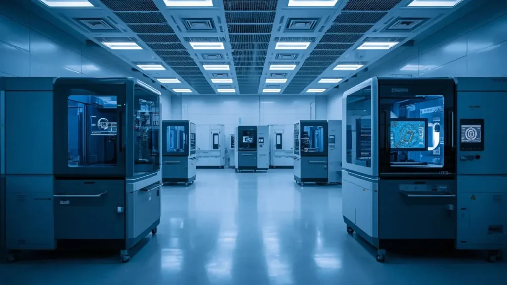 High-precision aerospace PCB manufacturing machinery and 3D X-Ray inspection equipment operating inside a modern semiconductor cleanroom factory with sleek blue lighting.