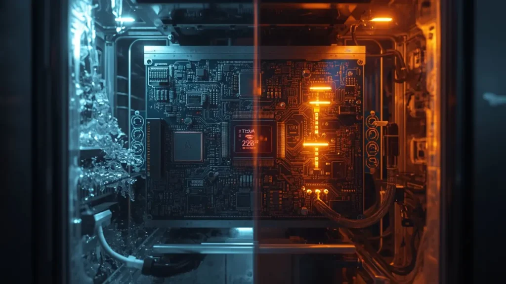 High-reliability aerospace PCB undergoing extreme thermal vacuum testing inside a TVAC chamber with ice frost and thermal heat indicators.