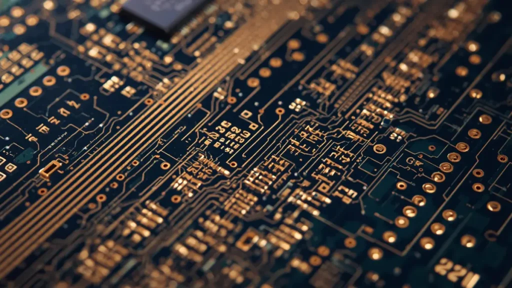 Extreme macro photograph of an aerospace-grade rigid-flex PCB featuring gold-plated contacts, fine routing, and high-density microvias for satellite and defense avionics.
