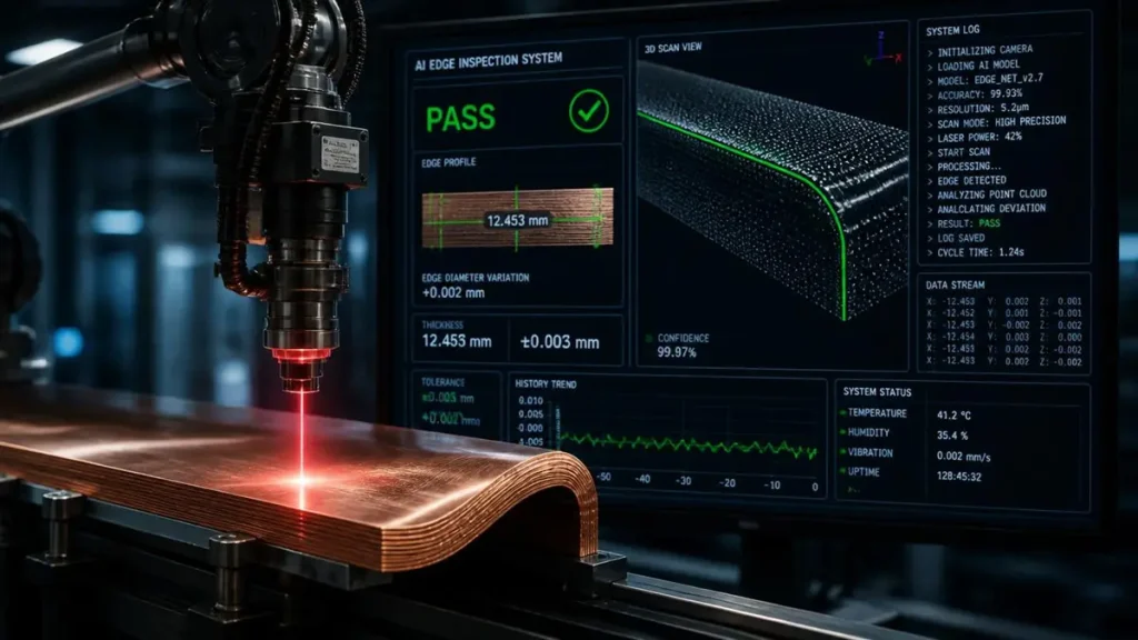 An Industry 4.0 laser scanning arm inspecting a flexible thick copper plate with an AI edge inspection monitor displaying green PASS status and micron-level measurements for PCB quality control.