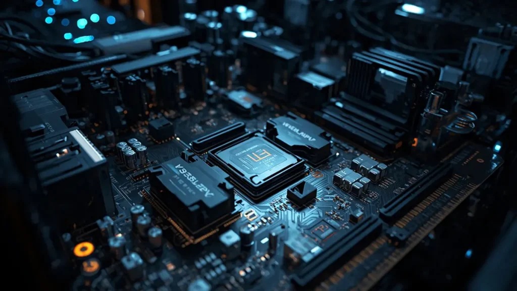 Close-up macro photograph of a high-density black and gold HDI server motherboard for AI data centers, featuring advanced ASIC processors, heavy heat sinks, dense high-speed connectors, and blue ambient LED lighting.