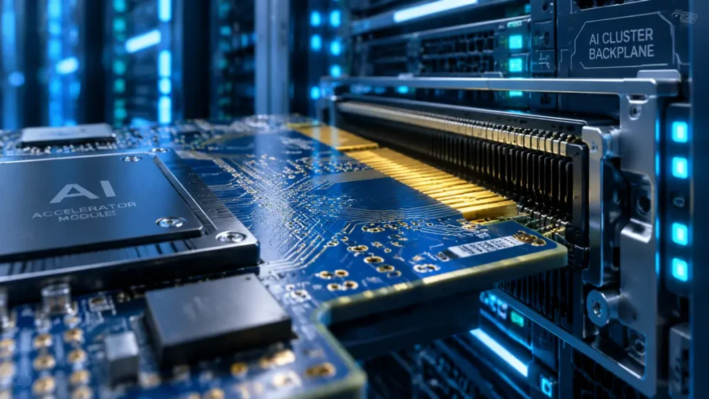 AI server accelerator module PCB with gold fingers inserting into a high-density cluster backplane connector slot