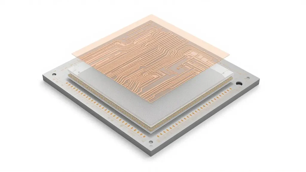 A 3D technical diagram showing the three-layer structure of a high-quality Alu PCB, including the copper circuit layer, thermal dielectric film, and aluminum base panel.