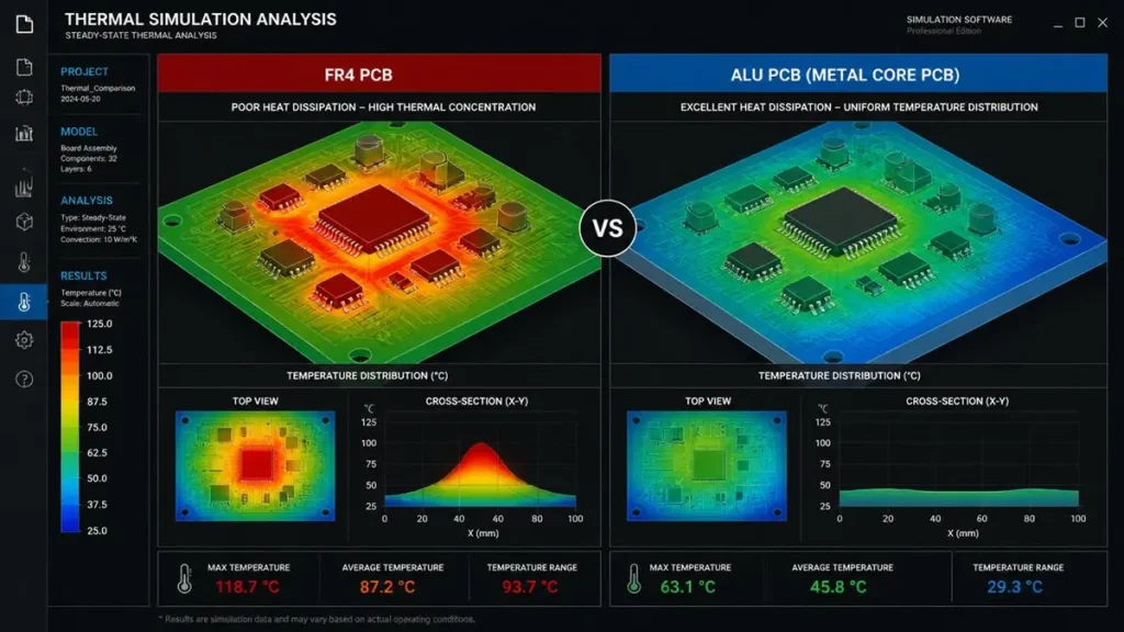 A side-by-side thermal simulation comparison interface showing severe heat concentration on an FR4 PCB versus excellent lateral heat dissipation on an Alu PCB with professional temperature data.