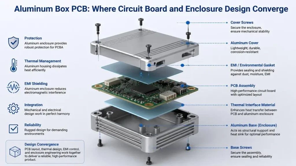 3D exploded view showing the mechanical integration of a pcb assembly, TIM, and aluminum box pcb enclosure.