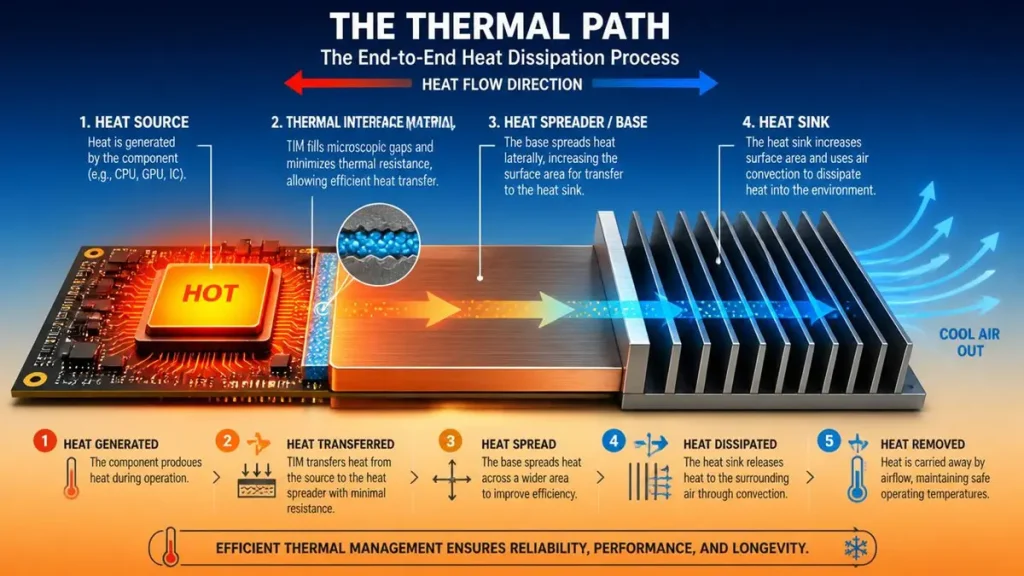 Detailed diagram of the end-to-end heat dissipation process and thermal path in an aluminum box pcb system.