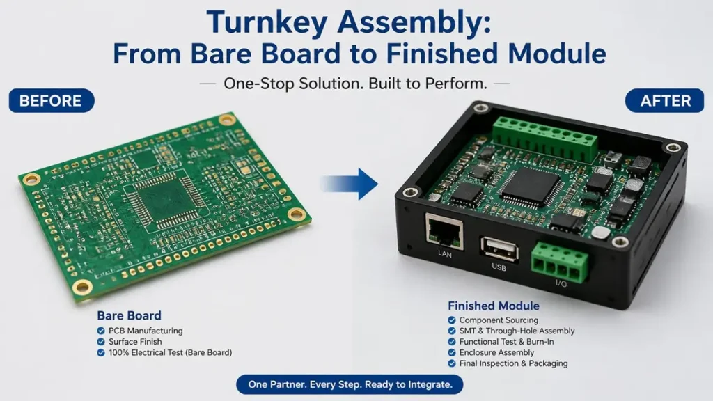 Before and after comparison of a bare aluminum circuit board transitioning into a finished aluminum box pcb module.