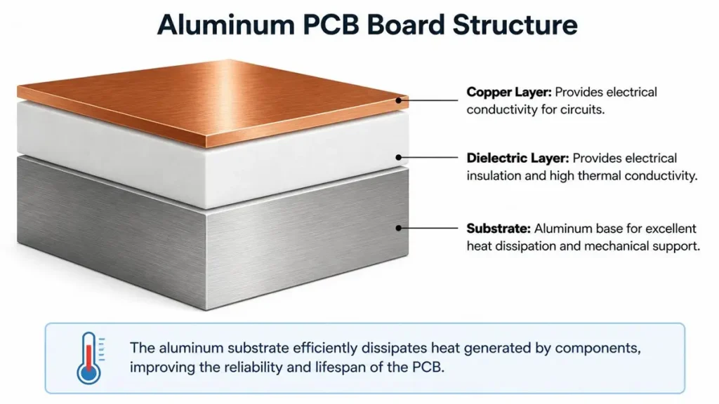 A technical 3D cross-section diagram showing the 3-layer structure of an aluminum PCB: the top copper layer, the middle thermally conductive dielectric layer, and the bottom aluminum substrate.