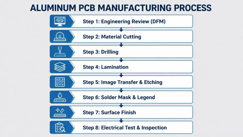 Industrial flowchart illustrating the step-by-step Aluminum PCB manufacturing process from engineering DFM review to final electrical testing
