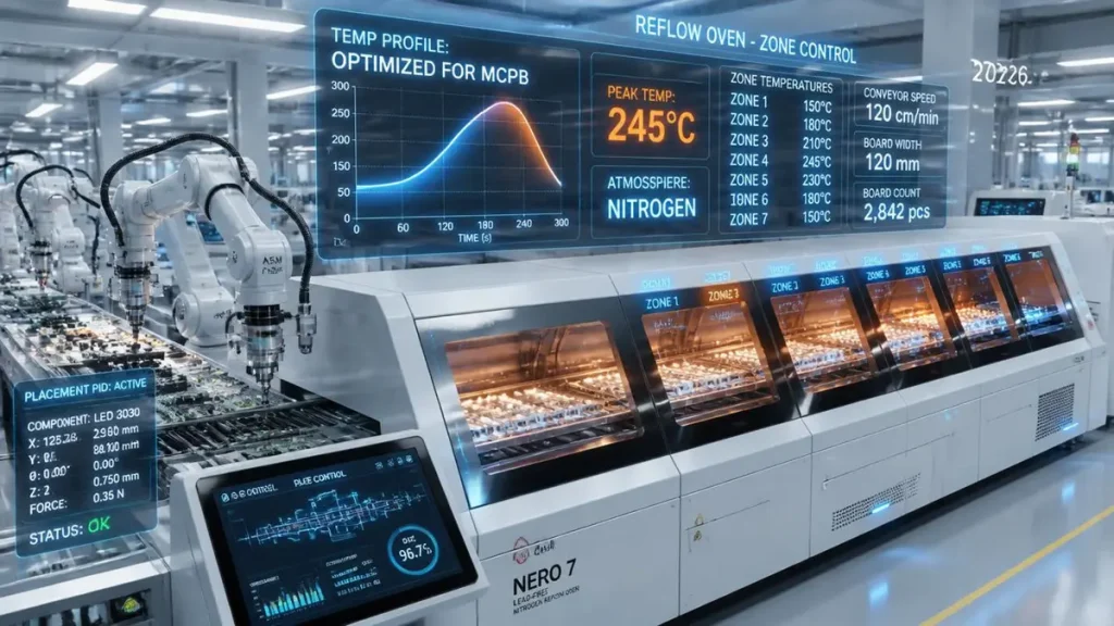  Inside a modern electronics manufacturing plant in 2026, a multi-zone reflow oven with transparent viewing windows is soldering aluminum-based circuit boards fitted with LED assemblies. To the left, an intelligent robotic arm performs precision component placement. Holographic digital displays overhead stream real-time data: “TEMP PROFILE: OPTIMIZED FOR MCPCB”, “PEAK TEMP: 245°C”, and “ATMOSPHERE: NITROGEN”.