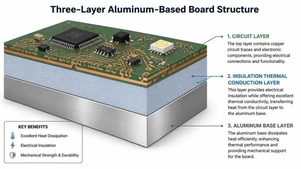 Cross-sectional diagram of a classic three-layer aluminum PCB showing circuit layer, insulation dielectric layer, and aluminum base