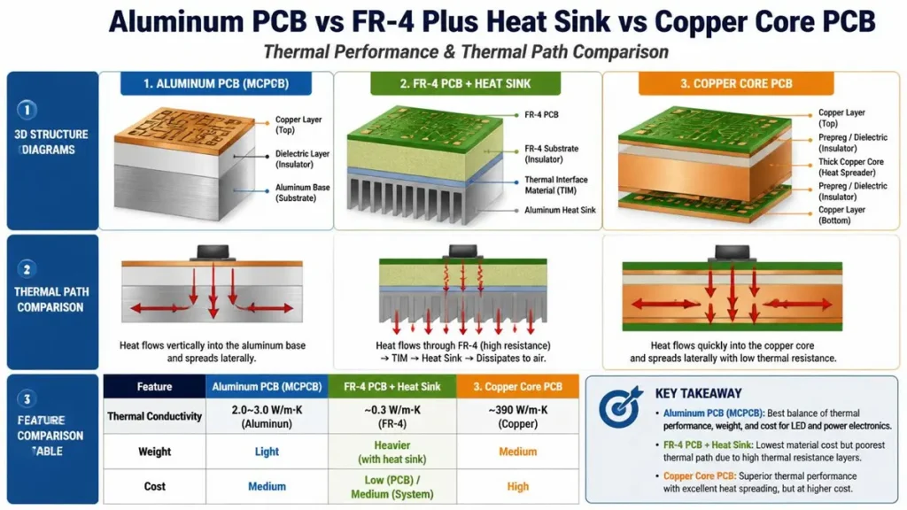 A comprehensive engineering infographic comparing an aluminum pcb for LED lighting with FR-4 and copper core options, showcasing 3D layer cutaways, vertical heat dissipation pathways, and a performance matrix table.