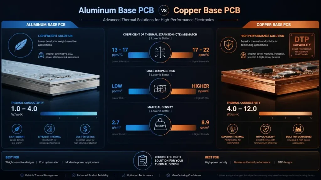 B2B infographic comparing Aluminum Base PCB vs Copper Base PCB thermal conductivity, density, and CTE specifications.