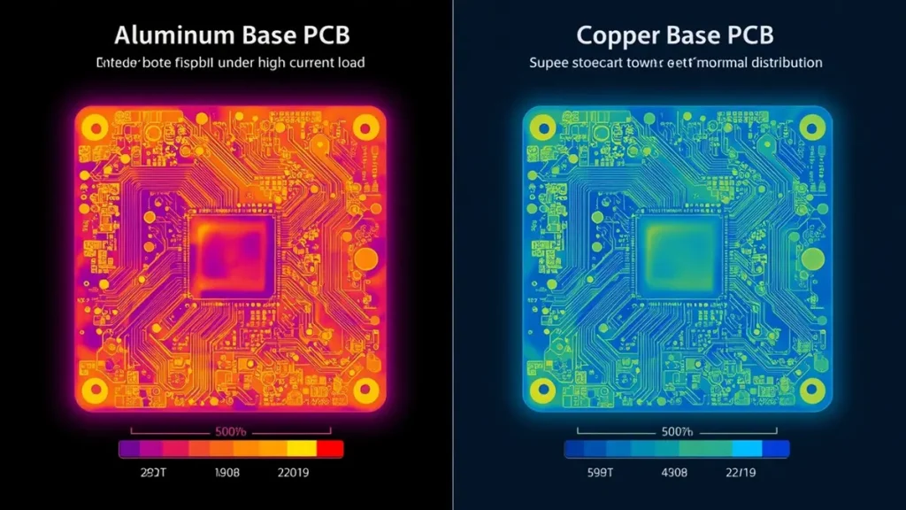 A side-by-side scientific thermal imaging diagram comparing heat dissipation between an Aluminum Base PCB and a Copper Base PCB for power electronics.