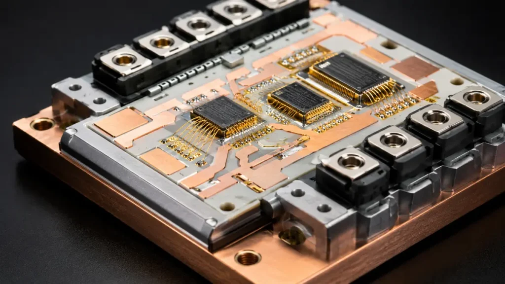 A high-power IGBT semiconductor module featuring silicon dies and gold wire bonds directly mounted on a thick copper AMB ceramic substrate.