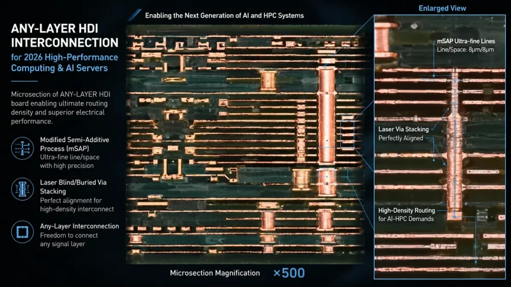 Any-layer HDI microsection for high-performance AI server PCB assembly services, showing mSAP ultra-fine lines and perfectly aligned laser via stacking.