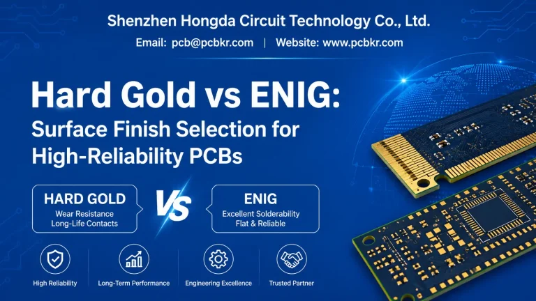 Banner image for Hard Gold vs ENIG PCB surface finish comparison guide by Shenzhen Hongda Circuit, featuring gold finger edge connectors and ENIG SMT pads.