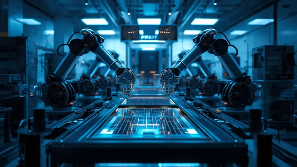 Smart ENIG PCB plating line at Shenzhen Hongda Circuit with robotic arms, automated process monitoring, and cleanroom manufacturing environment