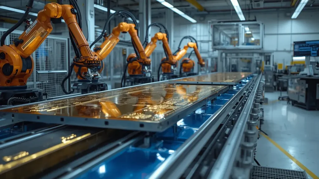 Automated PCB electroplating line with robotic arms processing large panels for selective hard gold plating at Shenzhen Hongda Circuit.