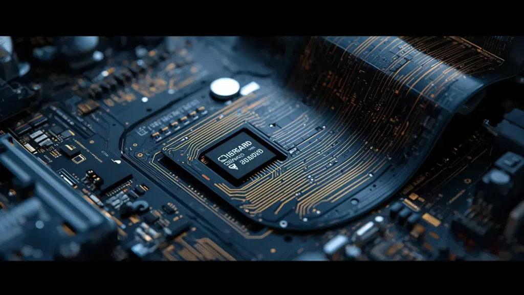 Close-up macro shot of a high-reliability avionics rigid-flex PCB smoothly bent with gold-plated copper traces and BGA components.