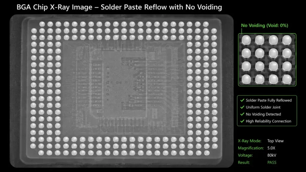 X-ray inspection image of a BGA chip showing perfect solder paste reflow with no voiding at Hongda Circuit Technology