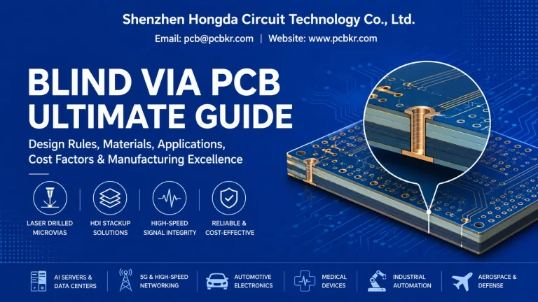 Blind Via PCB ultimate guide banner showing cross-section microvia structure by Hongda Circuit