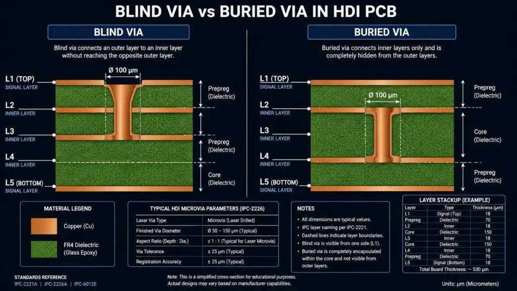 Technical 2D cross-section diagram comparing blind via and buried via structures in an HDI PCB stackup with material legend and IPC standards