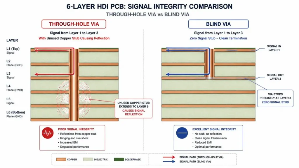 6-Layer HDI PCB Signal Integrity Comparison: Through-Hole Via vs Blind Via