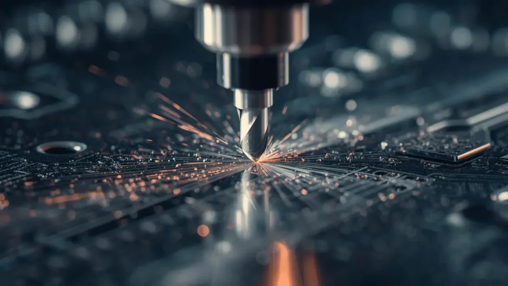 A micro close-up shot showing why small PCB milling machines struggle to cut aluminum safely, causing micro-vibrations and tool wear during MCPCB depaneling.