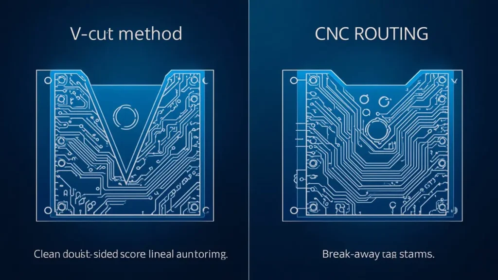 Technical diagram comparing V-cut and CNC routing for metal core panels, illustrating industrial alternatives since small PCB milling machines cannot safely cut aluminum.