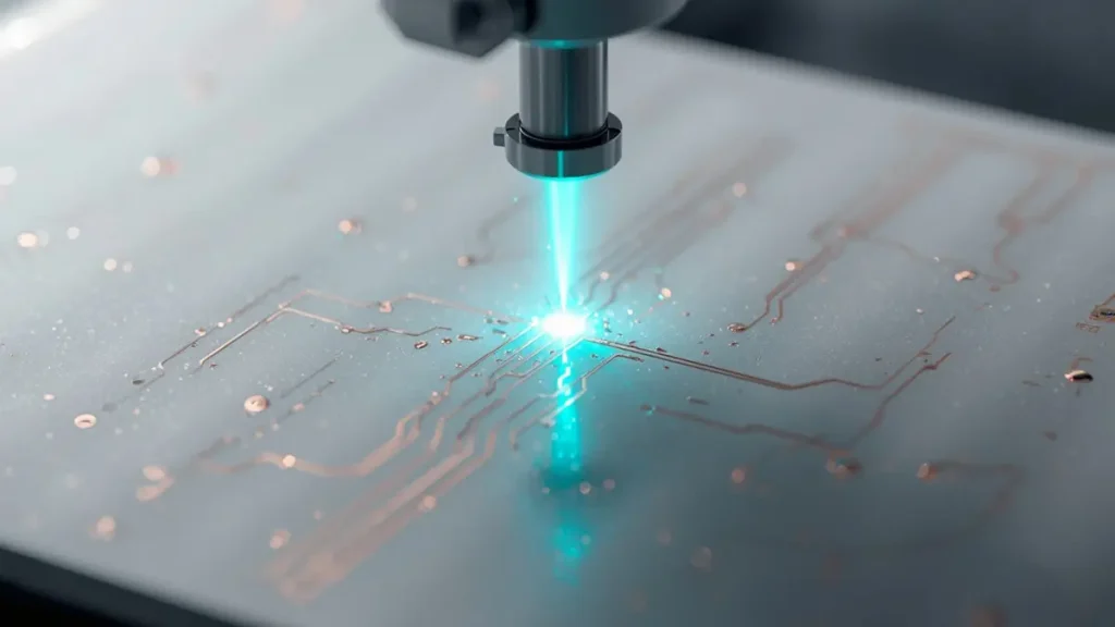 Close-up of a high-power laser drilling micro-vias on an Alumina ceramic substrate during DPC manufacturing process by Hongda Circuit.